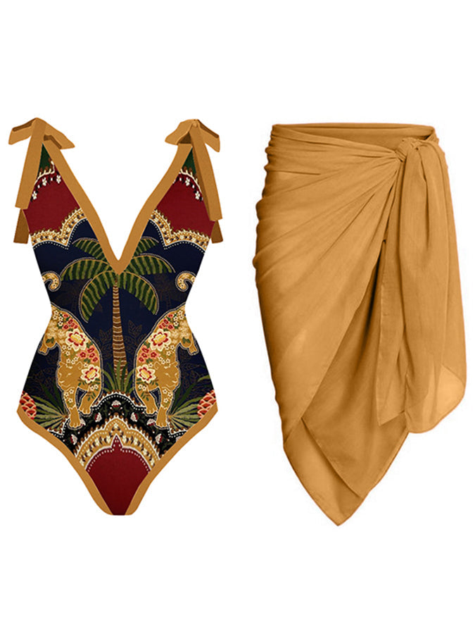 V-Neck Vintage Animal Print One-Piece Swimsuit Set