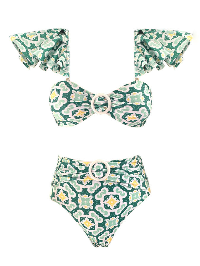 Fashion Floral Print Ruffle Bikini and Cover Up
