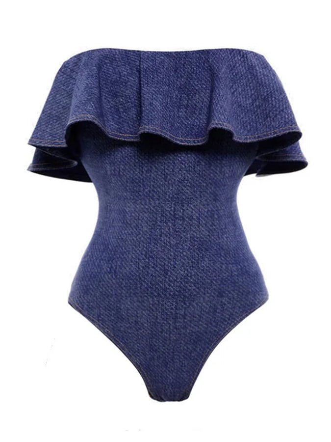 Denim Print One Piece Swimsuit and Skirt