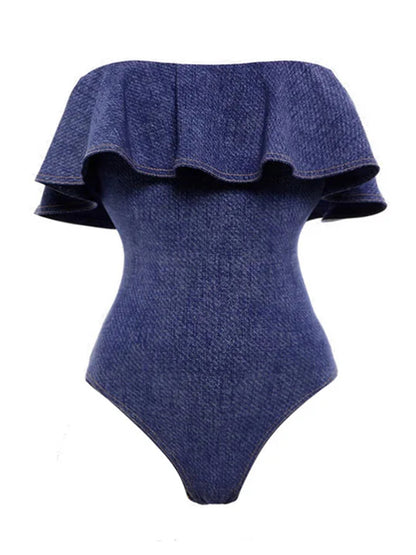 Denim Print One Piece Swimsuit and Skirt