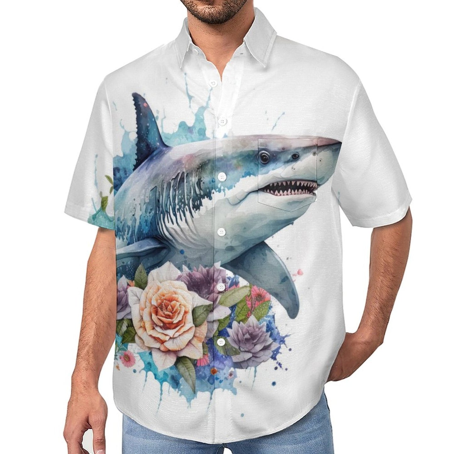 Men's Shark Painted Art Print Vacation Hawaiian Shirt