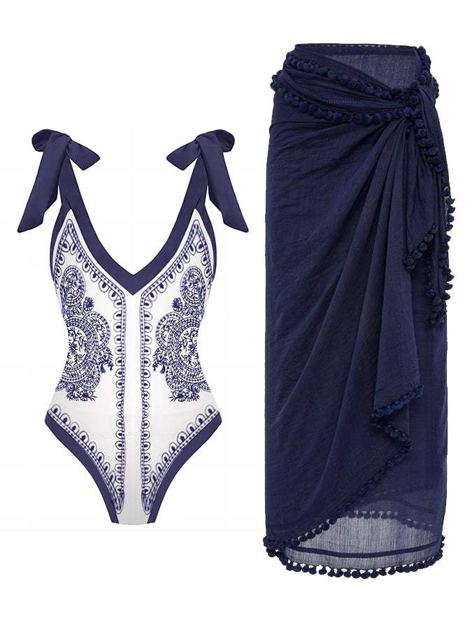 Blue and White Porcelain Print One Piece Swimsuit Set