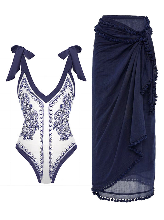 Blue and White Porcelain Print One Piece Swimsuit Set