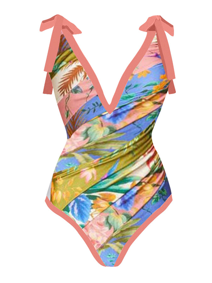 Deep V Vintage Print One Piece Swimsuit Set
