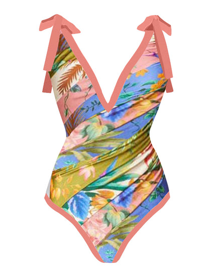 Deep V Vintage Print One Piece Swimsuit Set