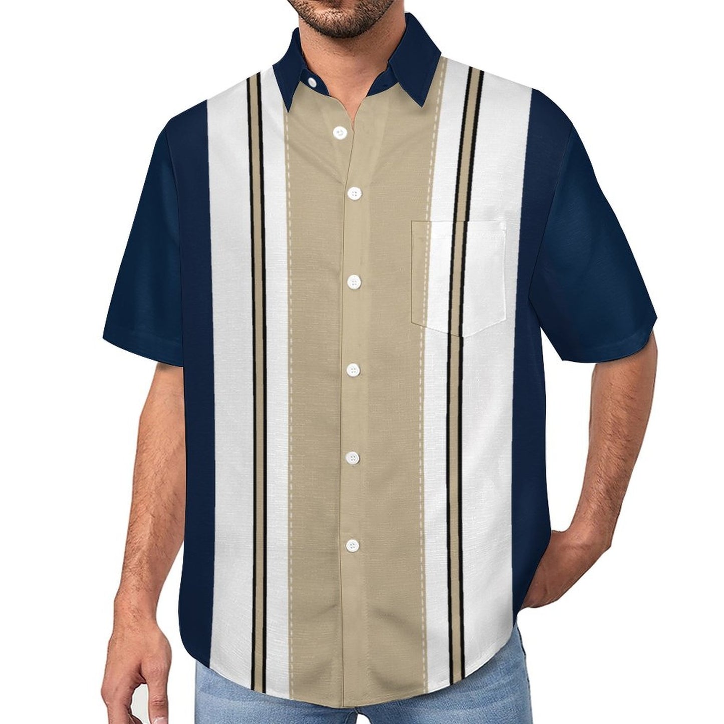 Men's Geometric Stripe Print Front Button Soft Breathable Chest Pocket Casual Shirt