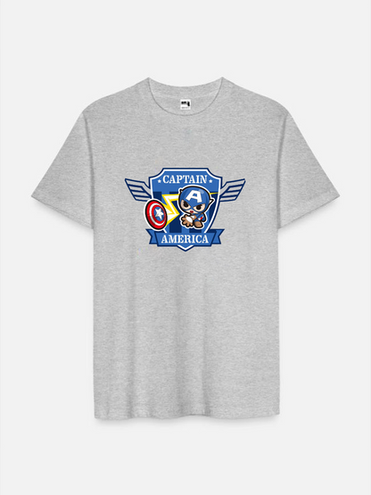 Men's Casual Little Captain America Printed Round Neck Short Sleeve T-Shirt