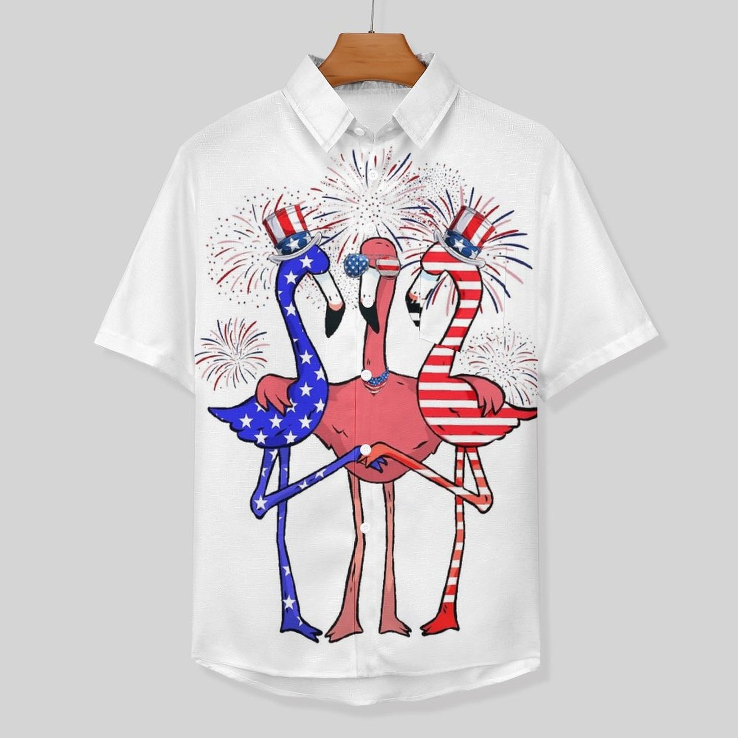 Independence Day Flag Flamingo Breast Pocket Short Sleeve Shirt 2306100689