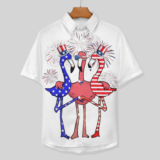 Independence Day Flag Flamingo Breast Pocket Short Sleeve Shirt 2306100689