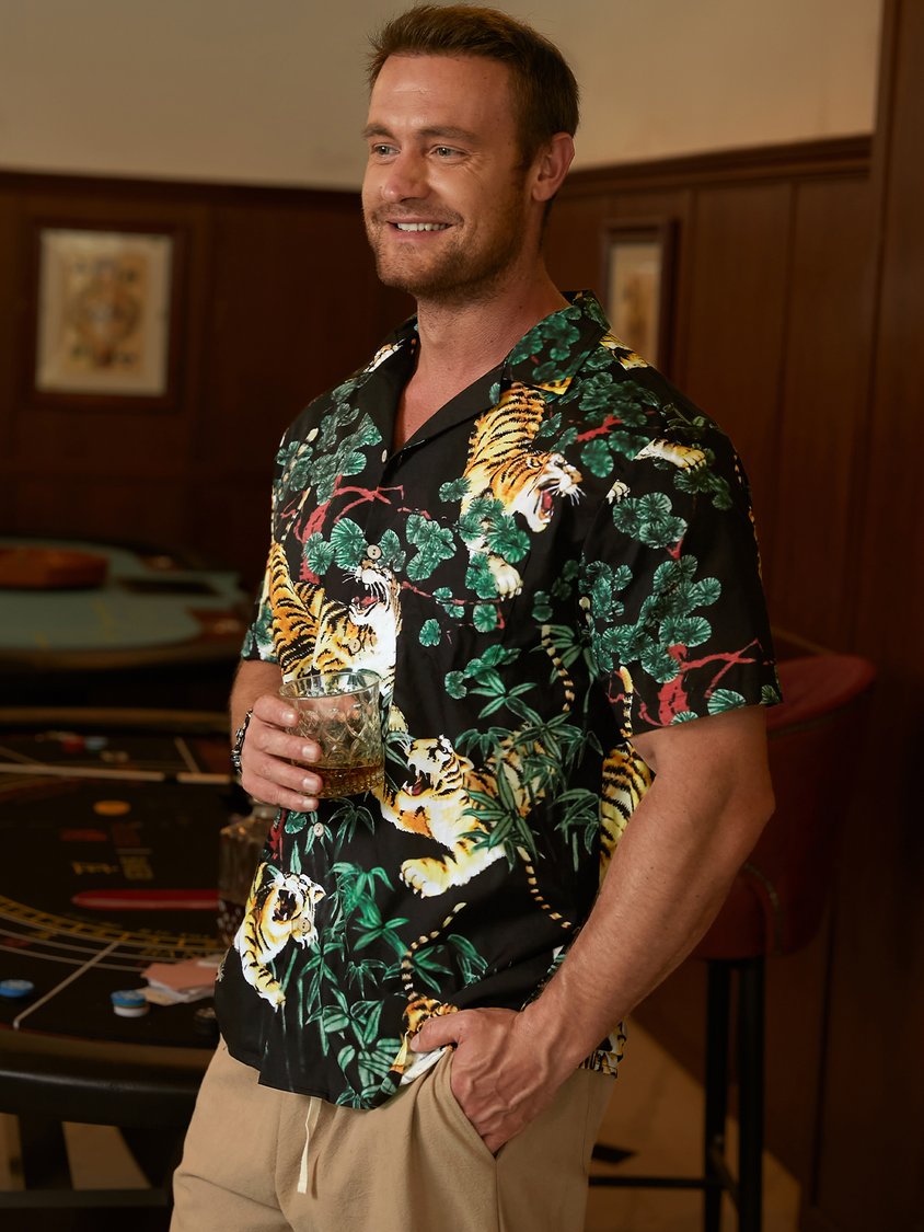 Cotton Tiger Breast Pocket Short Sleeve Resort Shirt 2306100687