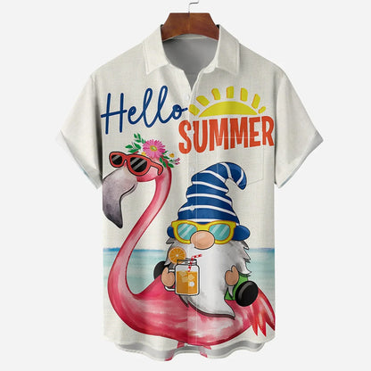 Men's Hawaiian Flamingo Gnome Print Vacation Shirt 2306101927