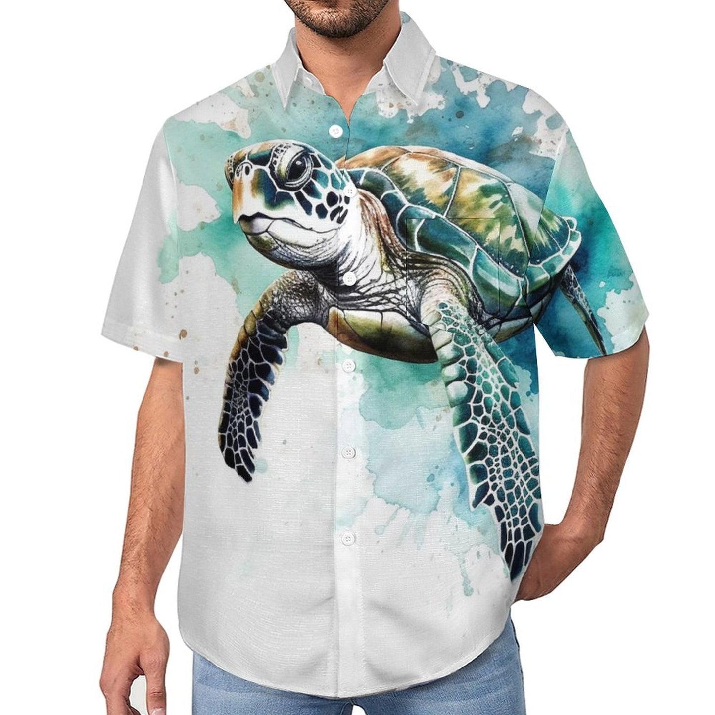 Men's Watercolor Turtle Art Print Vacation Hawaiian Shirt