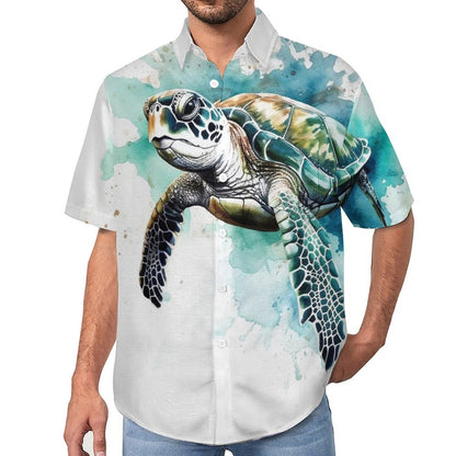 Men's Watercolor Turtle Art Print Vacation Hawaiian Shirt