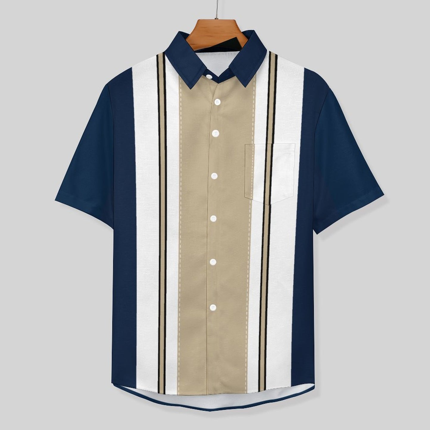 Men's Geometric Stripe Print Front Button Soft Breathable Chest Pocket Casual Shirt