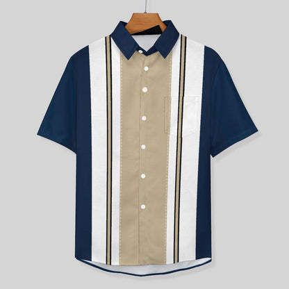 Men's Geometric Stripe Print Front Button Soft Breathable Chest Pocket Casual Shirt