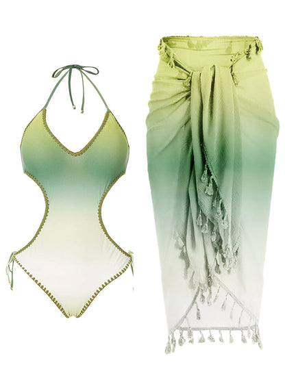 Fashion Colorblock Gradient Print Fringe One Piece Swimsuit Set