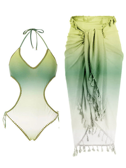 Fashion Colorblock Gradient Print Fringe One Piece Swimsuit Set