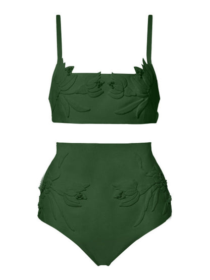 Solid Color Embossed Pattern Fashion Bikini Swimsuit