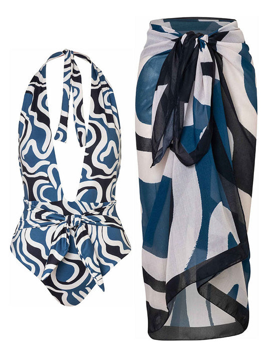 Vintage Fashion Print One Piece Swimsuit and Cover Up