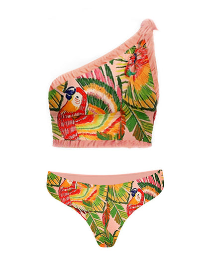 Vintage One-Shoulder Embroidered Print Bikini And Fringe Skirt