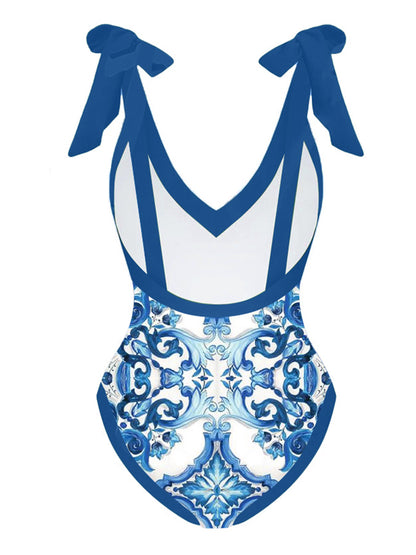 Fashion Vintage V-Neck Print One-Piece Swimsuit Set