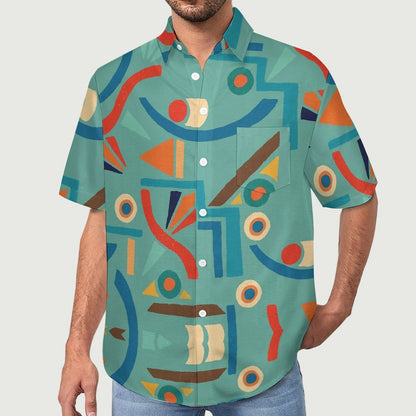 Geometric Pattern Breast Pocket Short Sleeve Shirt 2306100690