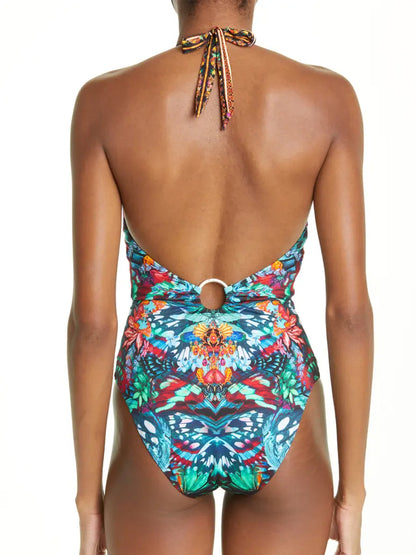 Vintage Butterfly  Deep V Print One Piece Swimsuit And Cover up