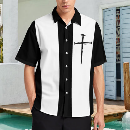 Mens Crucifix Print Casual Breathable Short Sleeve Hawaiian Shirt