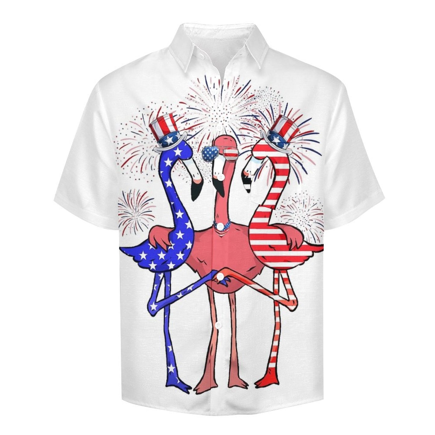 Independence Day Flag Flamingo Breast Pocket Short Sleeve Shirt 2306100689