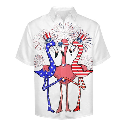Independence Day Flag Flamingo Breast Pocket Short Sleeve Shirt 2306100689