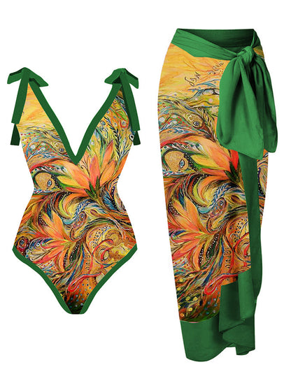 Fashion Print Tie One Piece Swimsuit