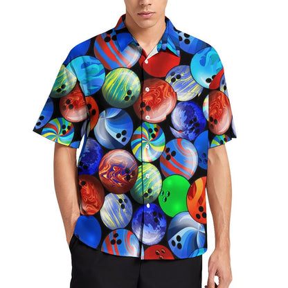 Men's Planet Bowling Print Casual Short Sleeve Shirt 2306102512