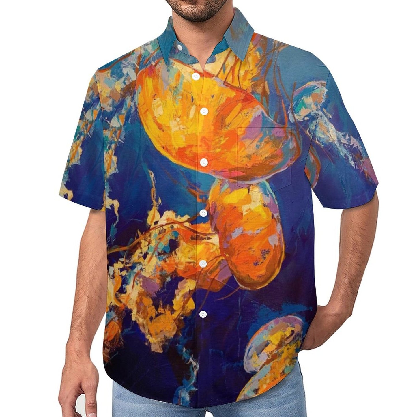 Men's Oil Painting Art Jellyfish Print Vacation Hawaiian Shirt 2305106500