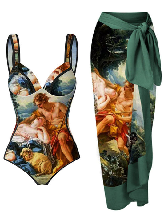 Vintage Print One Piece Swimsuit and Cover Up
