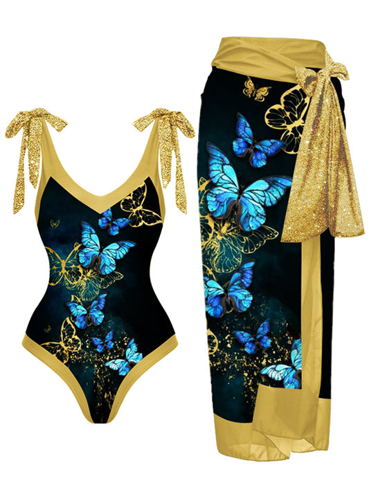 Vintage V-Neck Butterfly Colorblock Print One Piece Swimsuit Set