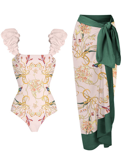 Fashion Floral Colorblock Print One-Piece Swimsuit Set