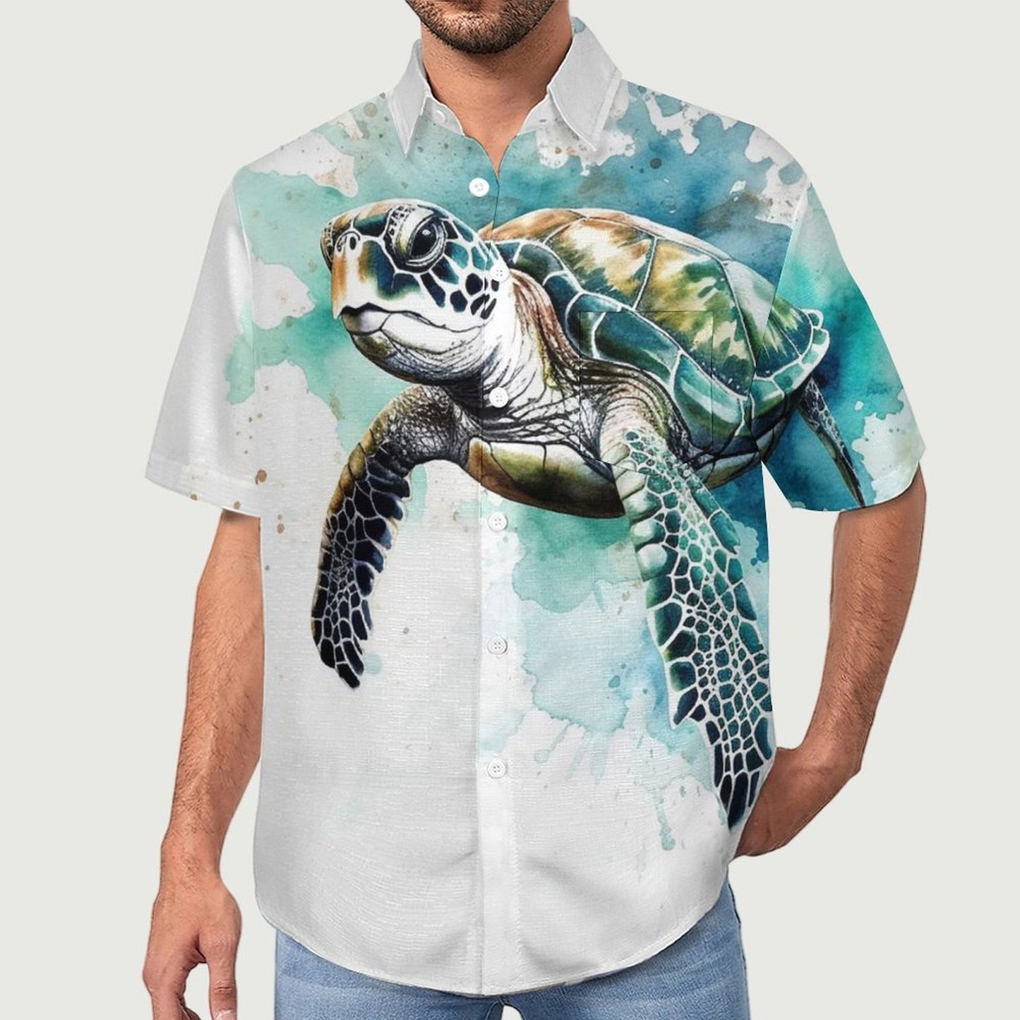 Men's Watercolor Turtle Art Print Vacation Hawaiian Shirt