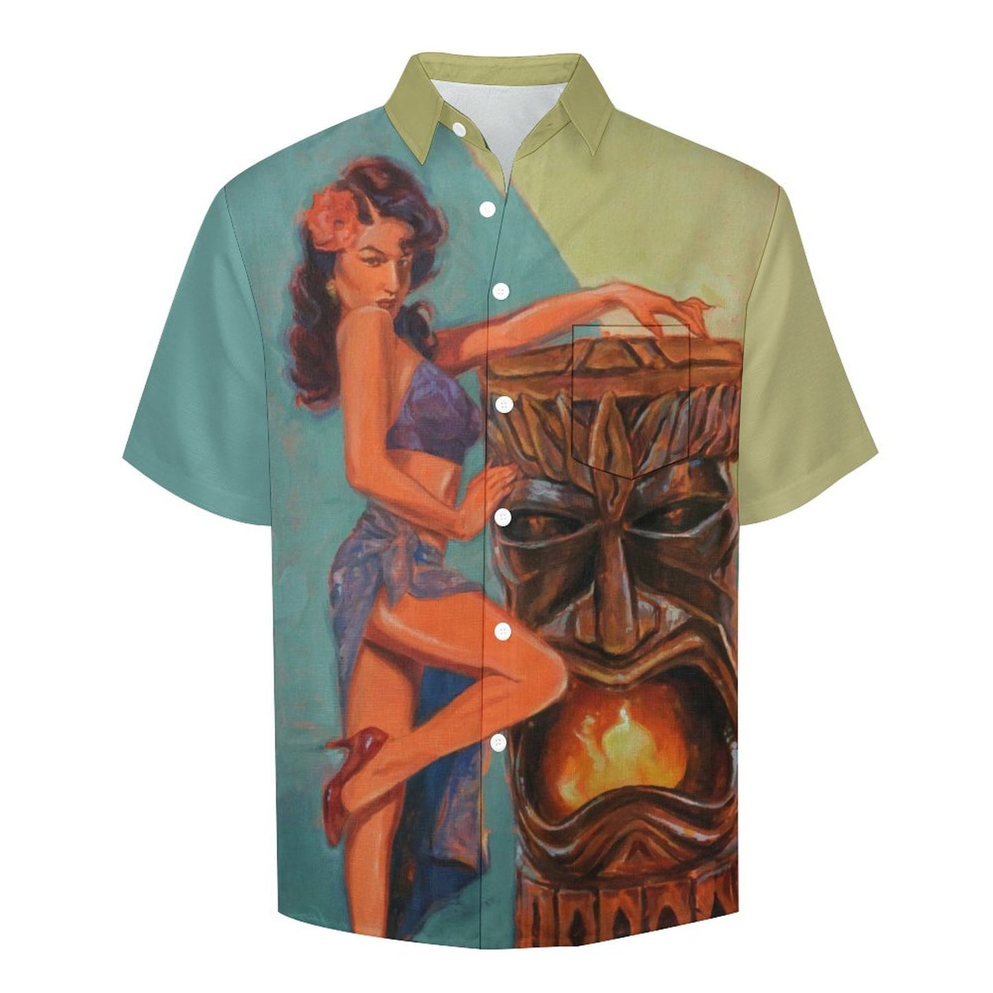 Tribal Girl Print Men's Faux Linen Vacation Hawaiian Shirt