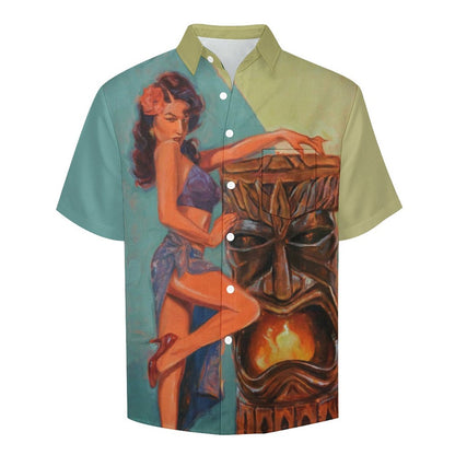 Tribal Girl Print Men's Faux Linen Vacation Hawaiian Shirt