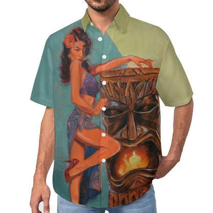 Tribal Girl Print Men's Faux Linen Vacation Hawaiian Shirt