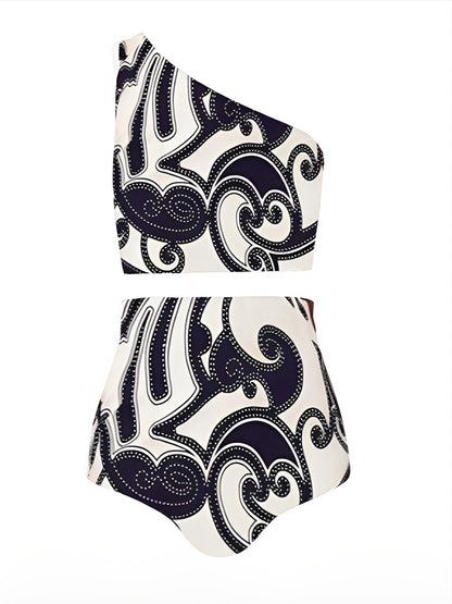 Fashion Printed One Shoulder High Waist One Piece Swimsuit