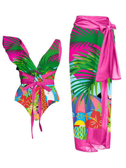 One-Shoulder Ruffle Print One-Piece Swimsuit
