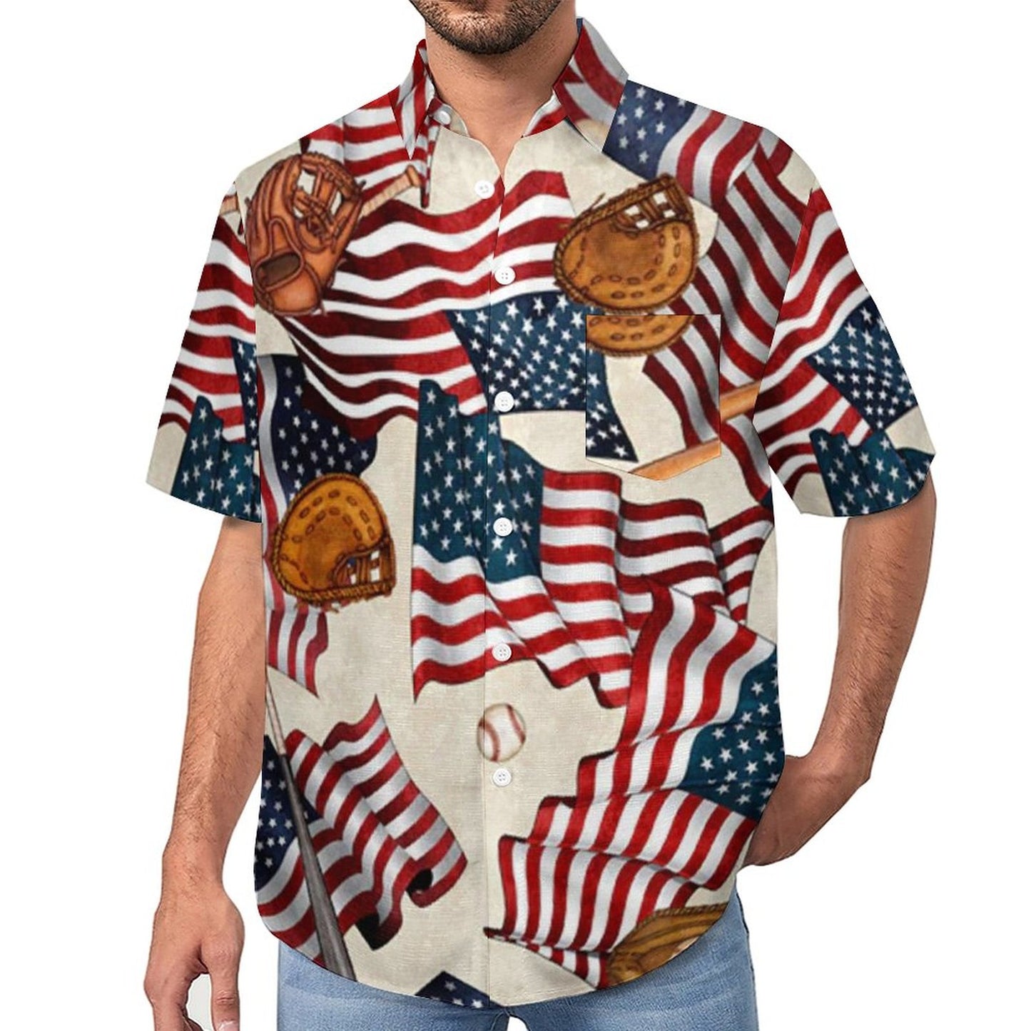 Men's American Flag Baseball Painted Print Vacation Hawaiian Shirt