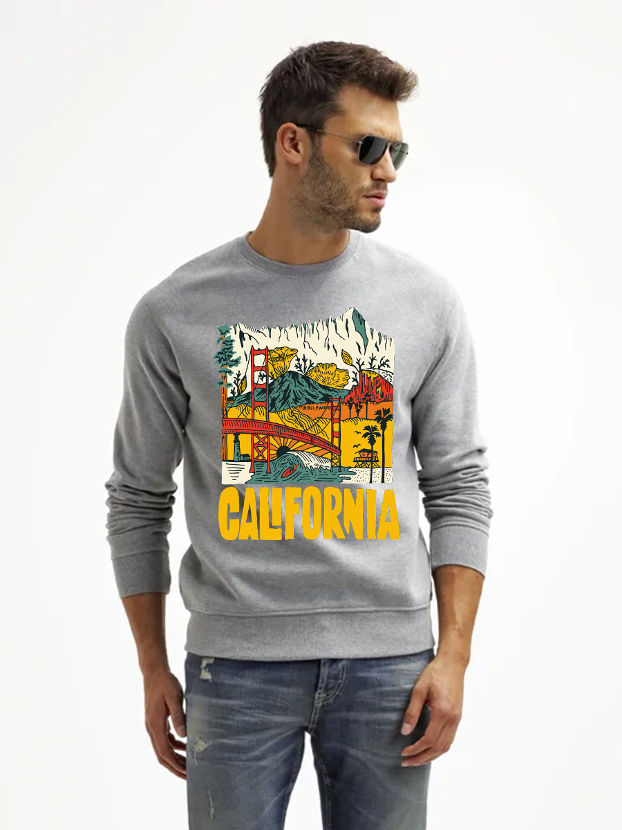 Men's Round Neck Casual California Printed Long Sleeve Sweatshirt