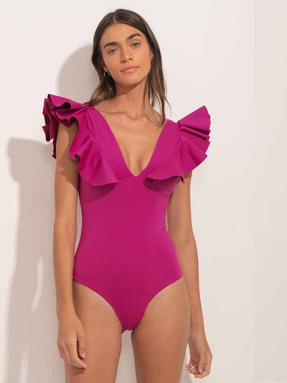 V-Neck Solid Ruffle One-Piece Swimsuit and Cover-Up
