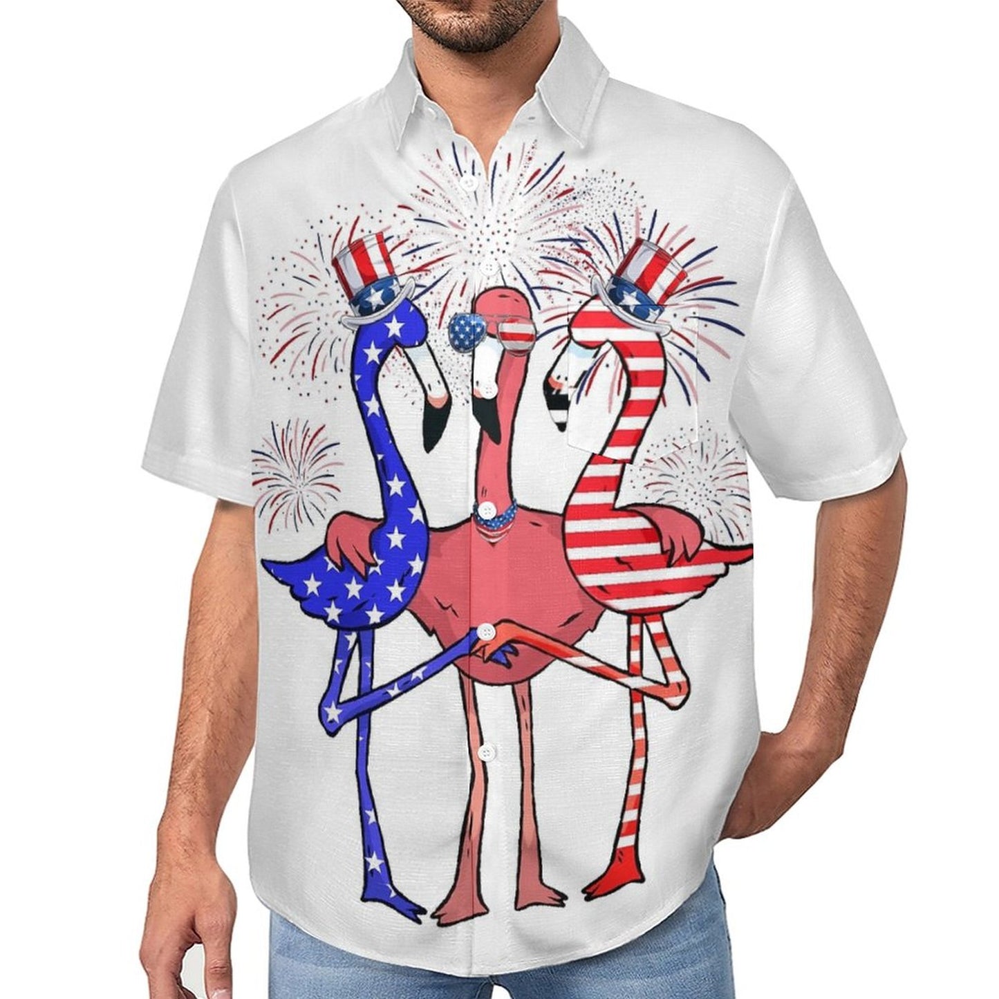 Independence Day Flag Flamingo Breast Pocket Short Sleeve Shirt 2306100689