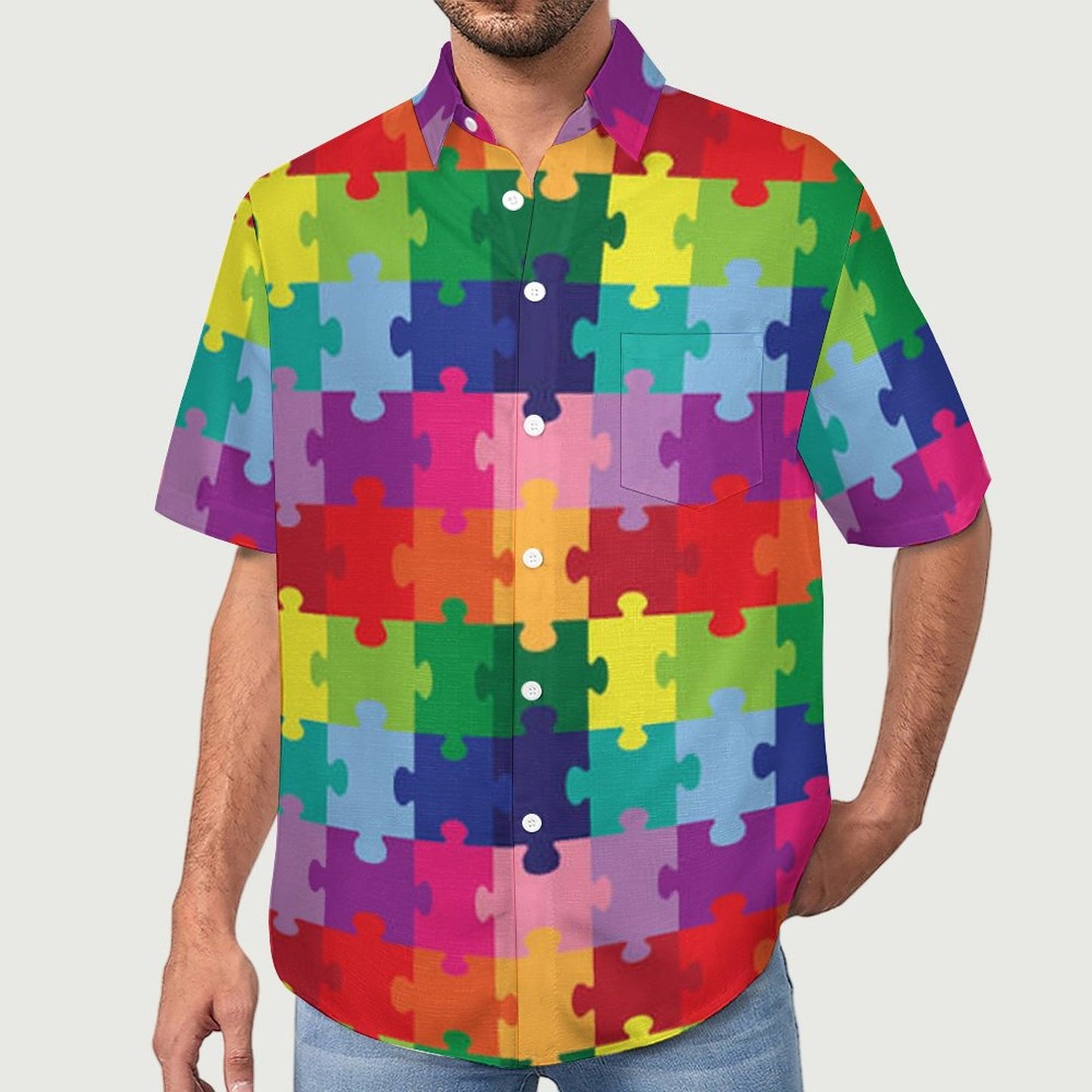 Men's Hawaiian Colorful Puzzle Print Vacation Shirt 2306101599