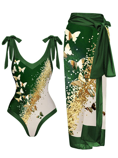 V-Neck Colorblock Butterfly Print One-Piece Swimsuit Set