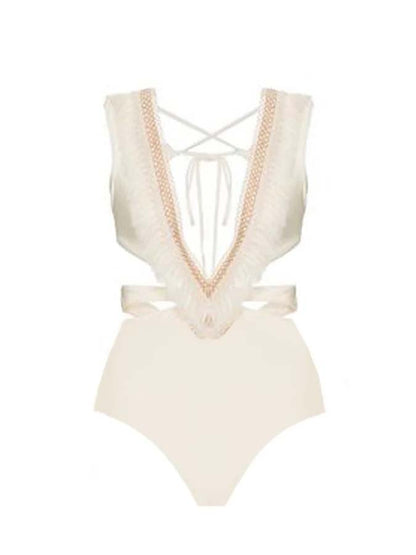 V Neck Tassel Cut Out One Piece Swimsuit