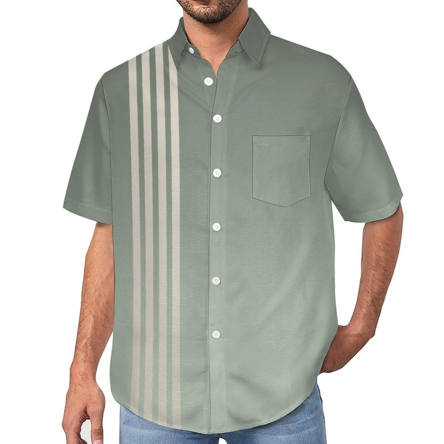 Men's Gradient Color Striped Print Front Button Soft Breathable Chest Pocket Casual Shirt